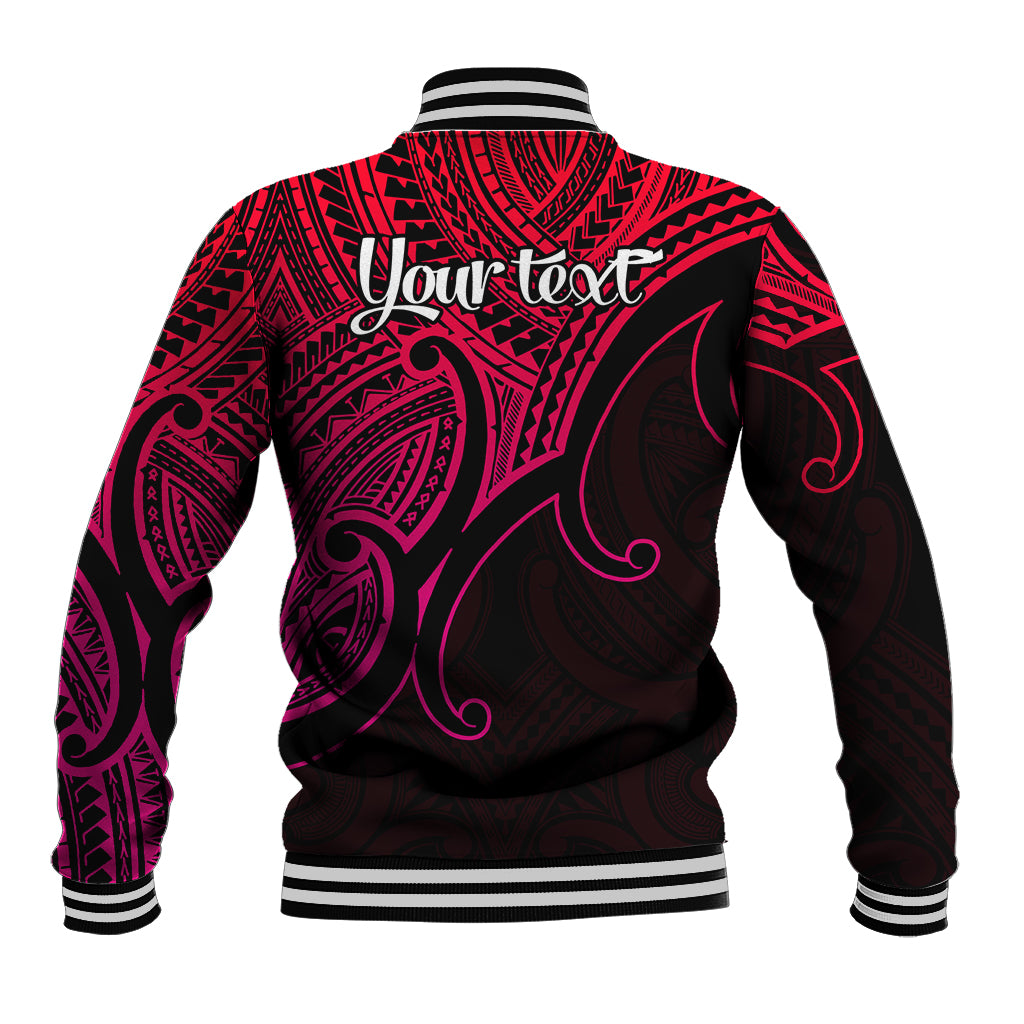 Unisex baseball jacket back, black with pink Polynesian pattern, 'Your text' print