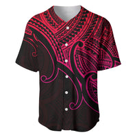 Pink and black baseball jersey with V-neck, button placket, Polynesian pattern