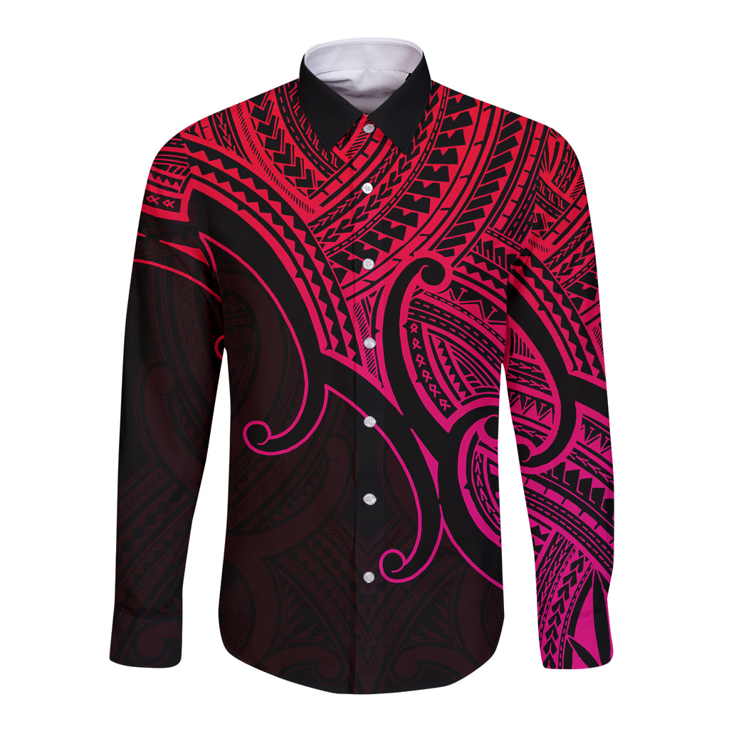 Long-sleeve button shirt with pink-and-red Polynesian print on black, pointed collar