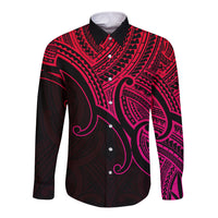 Long-sleeve button shirt with pink-and-red Polynesian print on black, pointed collar