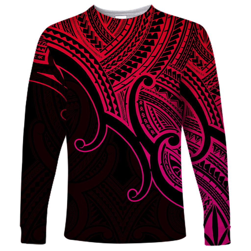 Unisex long-sleeve shirt with pink and red Polynesian tattoo pattern, crew neck