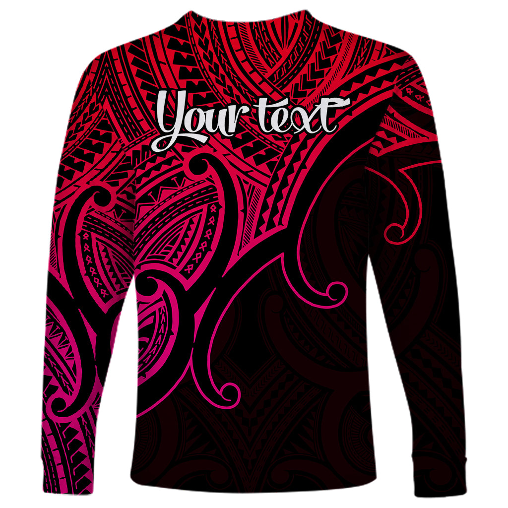 Unisex long-sleeve shirt back with pink Polynesian pattern and 'Your text' lettering