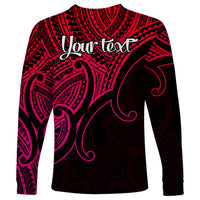 Unisex long-sleeve shirt back with pink Polynesian pattern and 'Your text' lettering