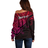 Back view off-shoulder sweater, black with pink tribal pattern and 'Your text'.