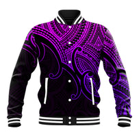 Purple unisex baseball jacket with tribal Maori-style pattern, striped rib trim