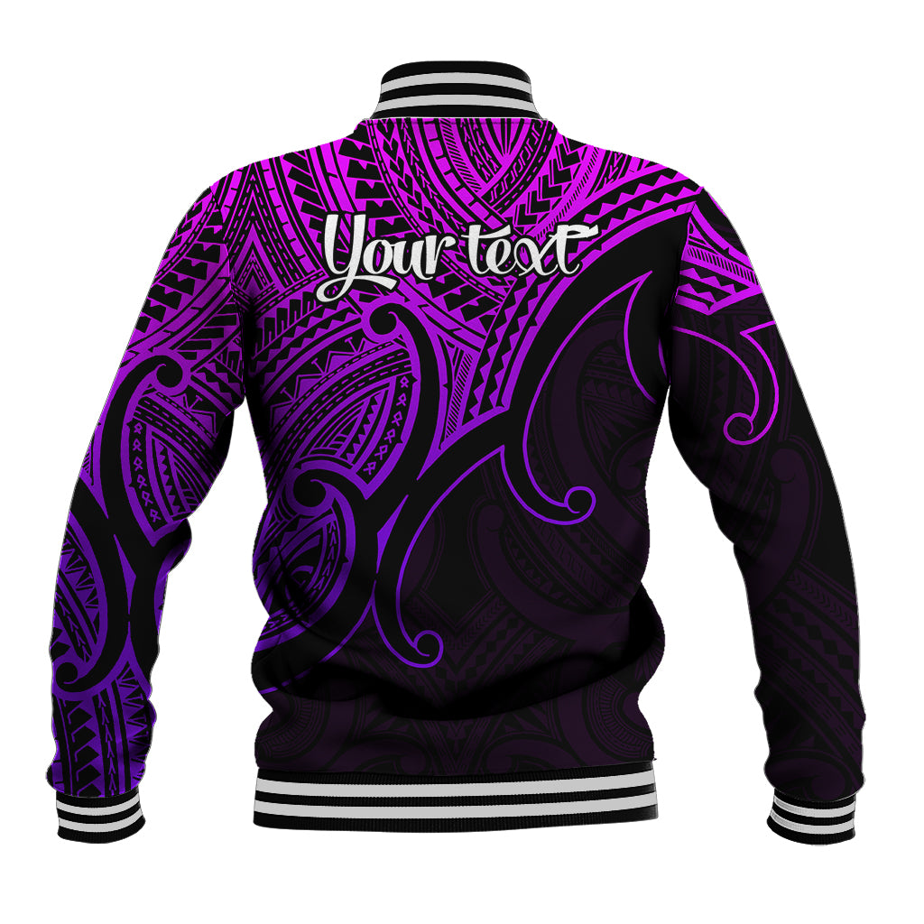 Purple unisex baseball jacket back with tribal pattern, "Your text" print, striped rib trim