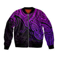 Purple and black bomber jacket with zip front and Polynesian tribal artwork