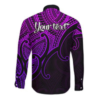 Purple long sleeve button shirt with tribal back print and 'Your text' across shoulders