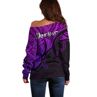 Women's off-shoulder sweater back view, purple pattern with 'Your text' graphic