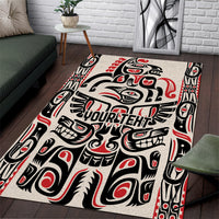 Personalized Haida-style area rug, black and red tribal motif on light background