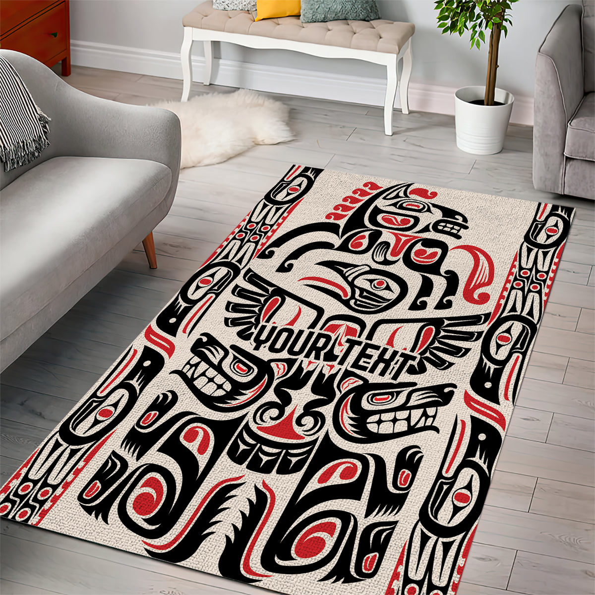 Personalized Haida-style area rug with black and red totem-like artwork on light base