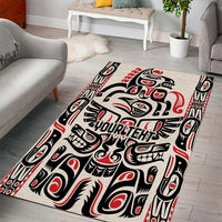 Personalized Haida-style area rug with black and red totem-like artwork on light base