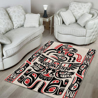 Personalized indigenous art area rug featuring black, red, and white tribal pattern