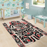 Personalized Haida-style area rug with black and red animal/totem artwork on light ground