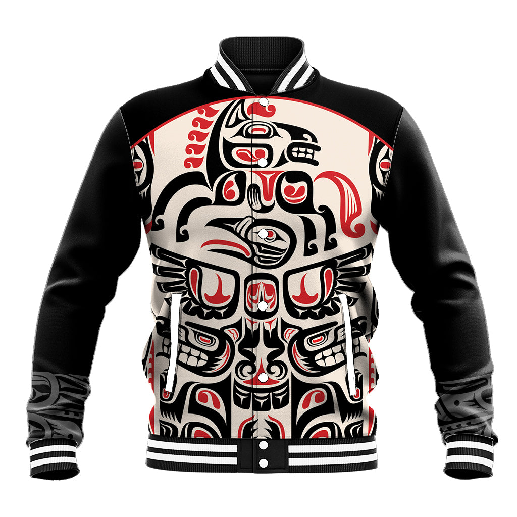 Baseball jacket with black body, red-and-white Indigenous Haida graphic, varsity snap-up collar