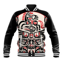 Baseball jacket with black body, red-and-white Indigenous Haida graphic, varsity snap-up collar