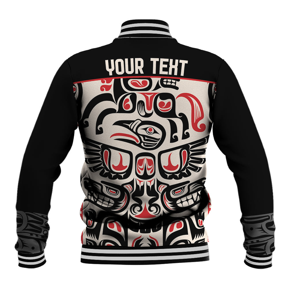 Black baseball jacket with back 'YOUR TEXT' print, red-and-white Haida graphic, rib cuffs