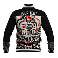 Black baseball jacket with back 'YOUR TEXT' print, red-and-white Haida graphic, rib cuffs