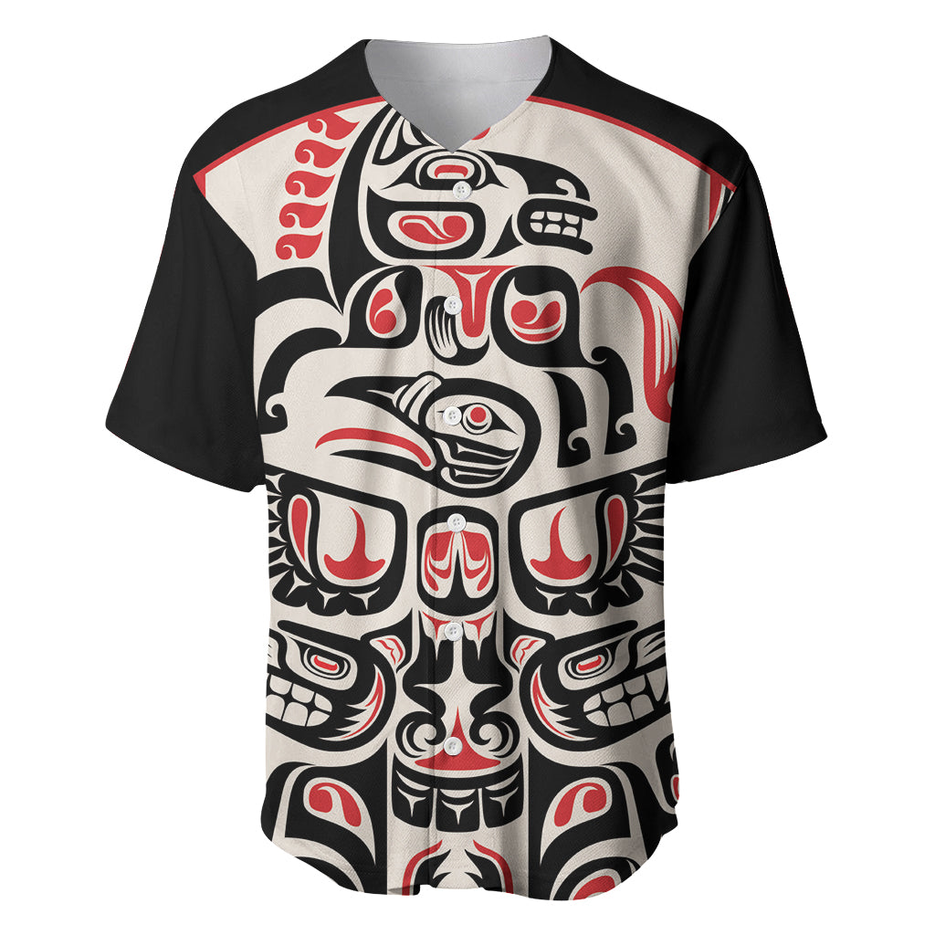 Personalized baseball jersey with Haida raven graphic, black sleeves, red/white center