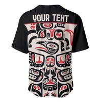 Personalized baseball jersey with Haida raven art, black/red/white back print