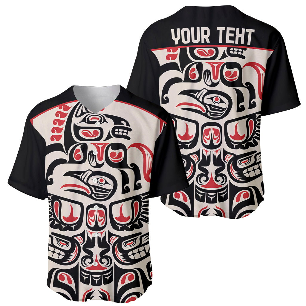 2 personalized baseball jerseys with Haida raven graphics, black/red/white full print