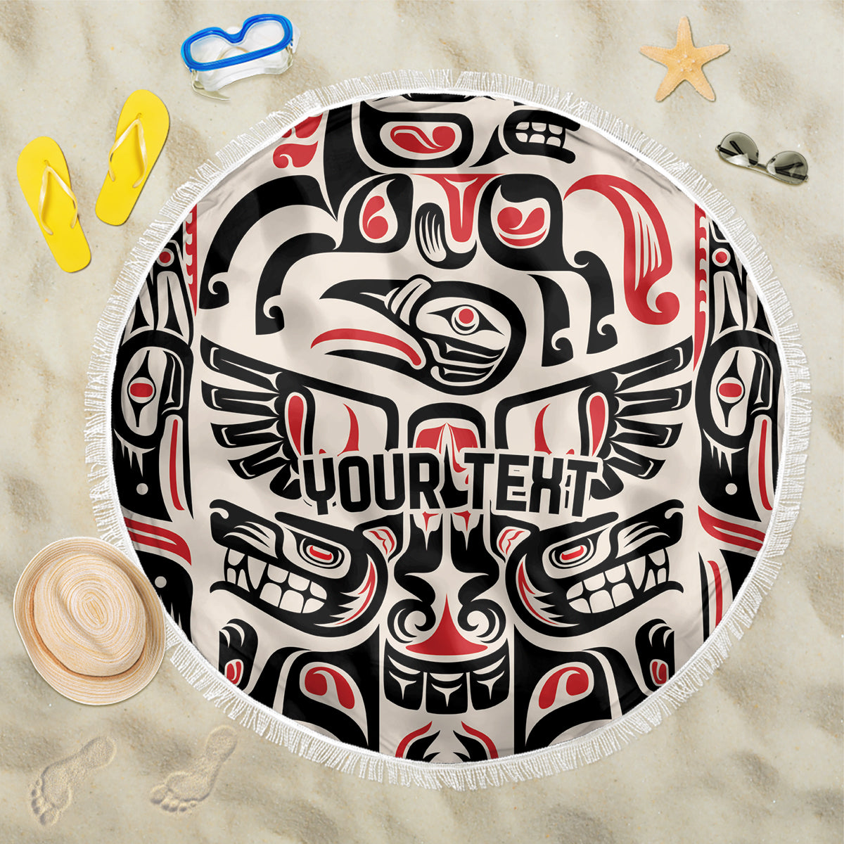 Round beach blanket with fringed edge, black white red Haida-style animal and tribal print