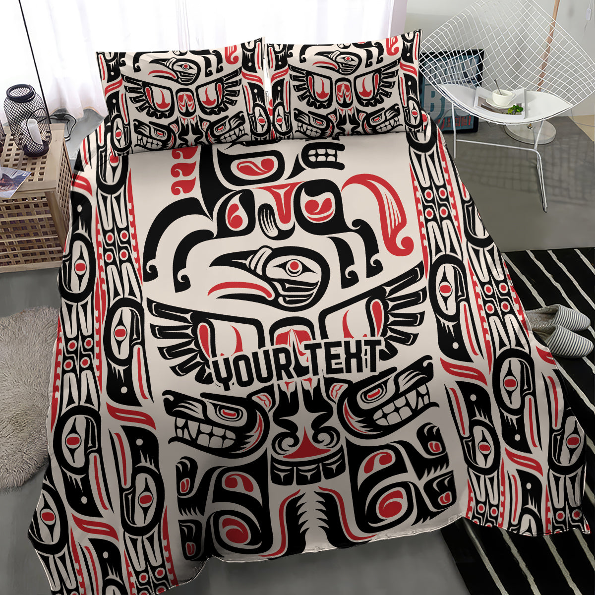 Duvet cover with large central tribal figure and black, white, red motifs