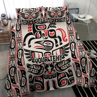 Duvet cover with large central tribal figure and black, white, red motifs