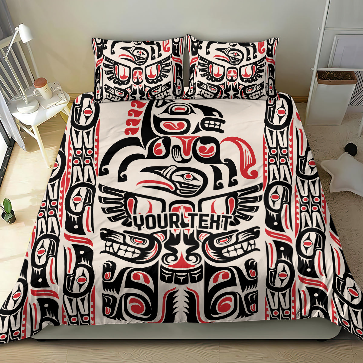 Duvet cover and pillows with black, white, red tribal faces and center YOUR TEXT