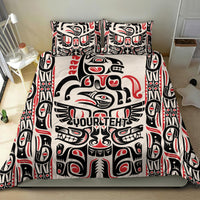 Duvet cover and pillows with black, white, red tribal faces and center YOUR TEXT