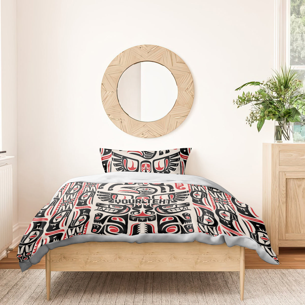 Duvet cover and pillows with black, white, and red tribal design, YOUR TEXT