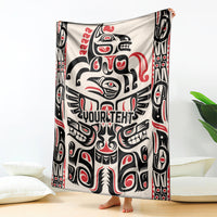 Haida-style throw blanket draped to show red/black/white pattern with 'YOUR TEXT'