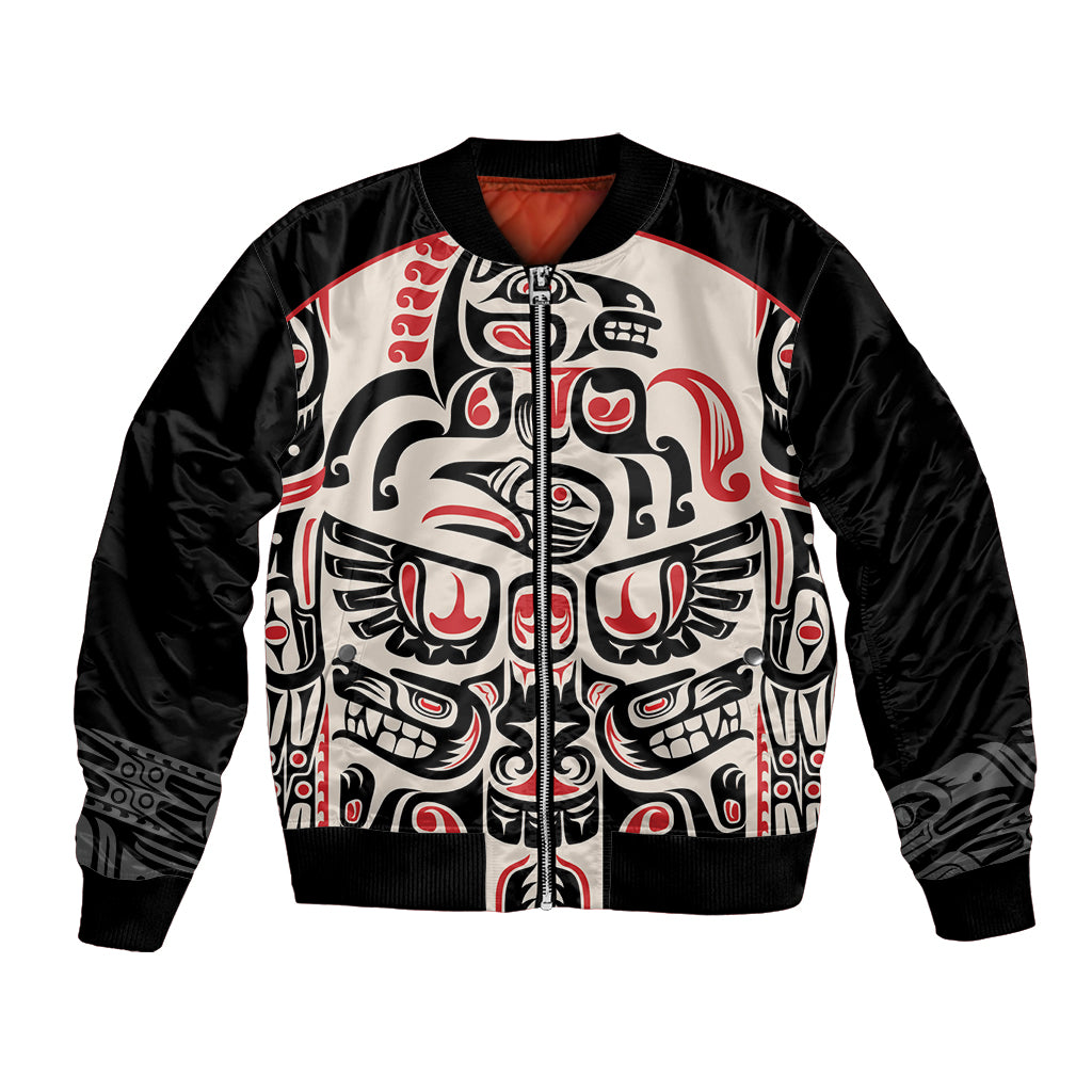 Black unisex bomber jacket with zip front and red/white Haida-style face artwork