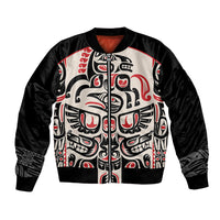 Black unisex bomber jacket with zip front and red/white Haida-style face artwork