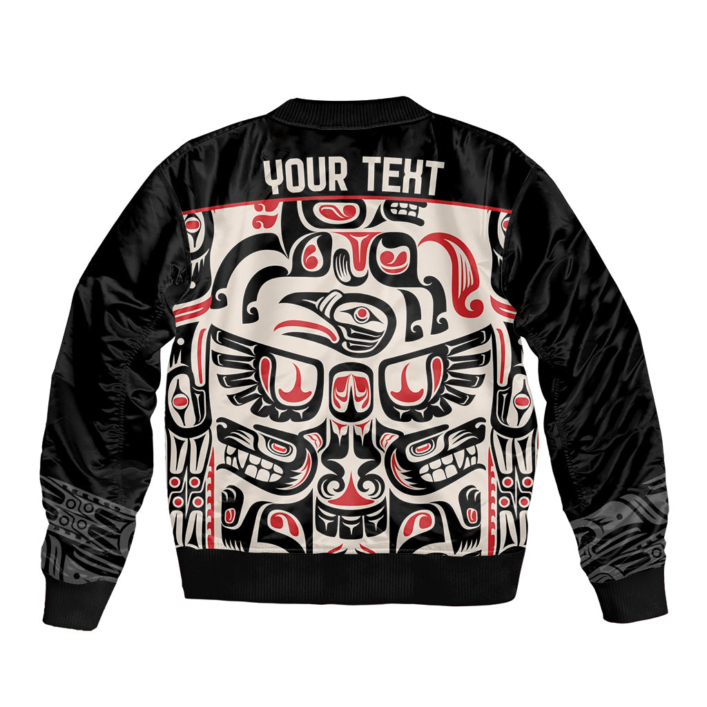 Black unisex bomber jacket with back print YOUR TEXT and red/white Haida-style face art