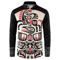 Black button sweatshirt with bold red, white, and black Haida-style art on the front