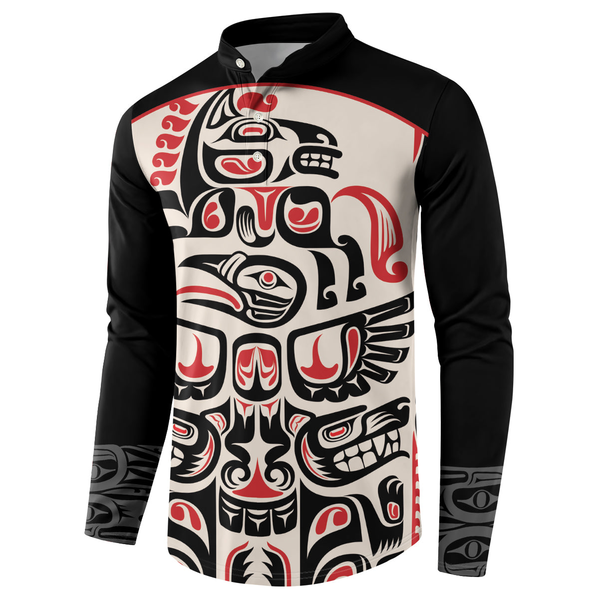Black button sweatshirt with red and white Haida-style front graphic, curved top band