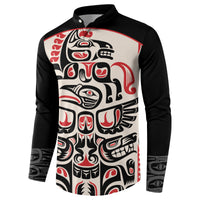 Black button sweatshirt with red and white Haida-style front graphic, curved top band