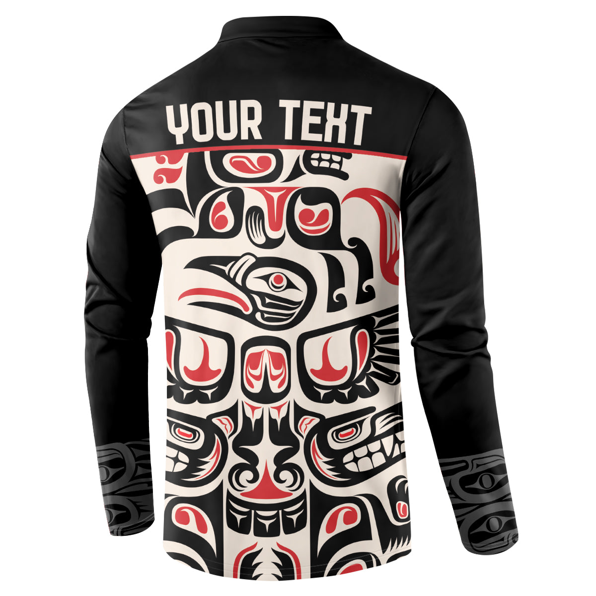 Black button sweatshirt with back graphic and “YOUR TEXT” above red, white Haida art