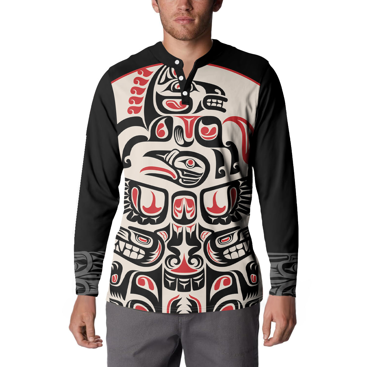 Black button sweatshirt with front Haida-style graphic in red, white, and black colors