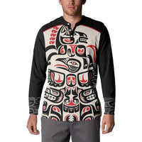 Black button sweatshirt with front Haida-style graphic in red, white, and black colors