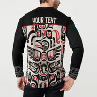 Black button sweatshirt with back “YOUR TEXT” and red, white, black Haida-style artwork