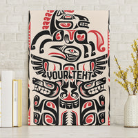 Wood-framed canvas wall art with centered black, white, and red Haida totem artwork.
