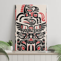 Wood-framed canvas wall art with large black-and-white totem and red accents, centered.