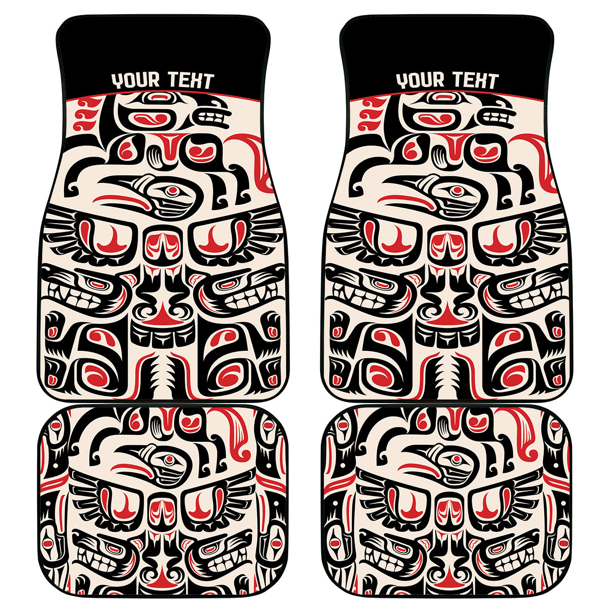 Personalized front car mats with bold red, black, and white tribal totem artwork