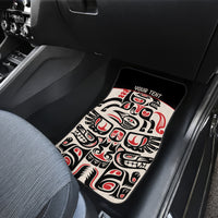 Personalized car seat floor mat with red, black, and white tribal totem pattern