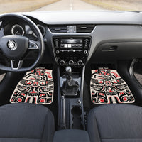 Personalized car floor mat set featuring red, black, and white tribal patterns
