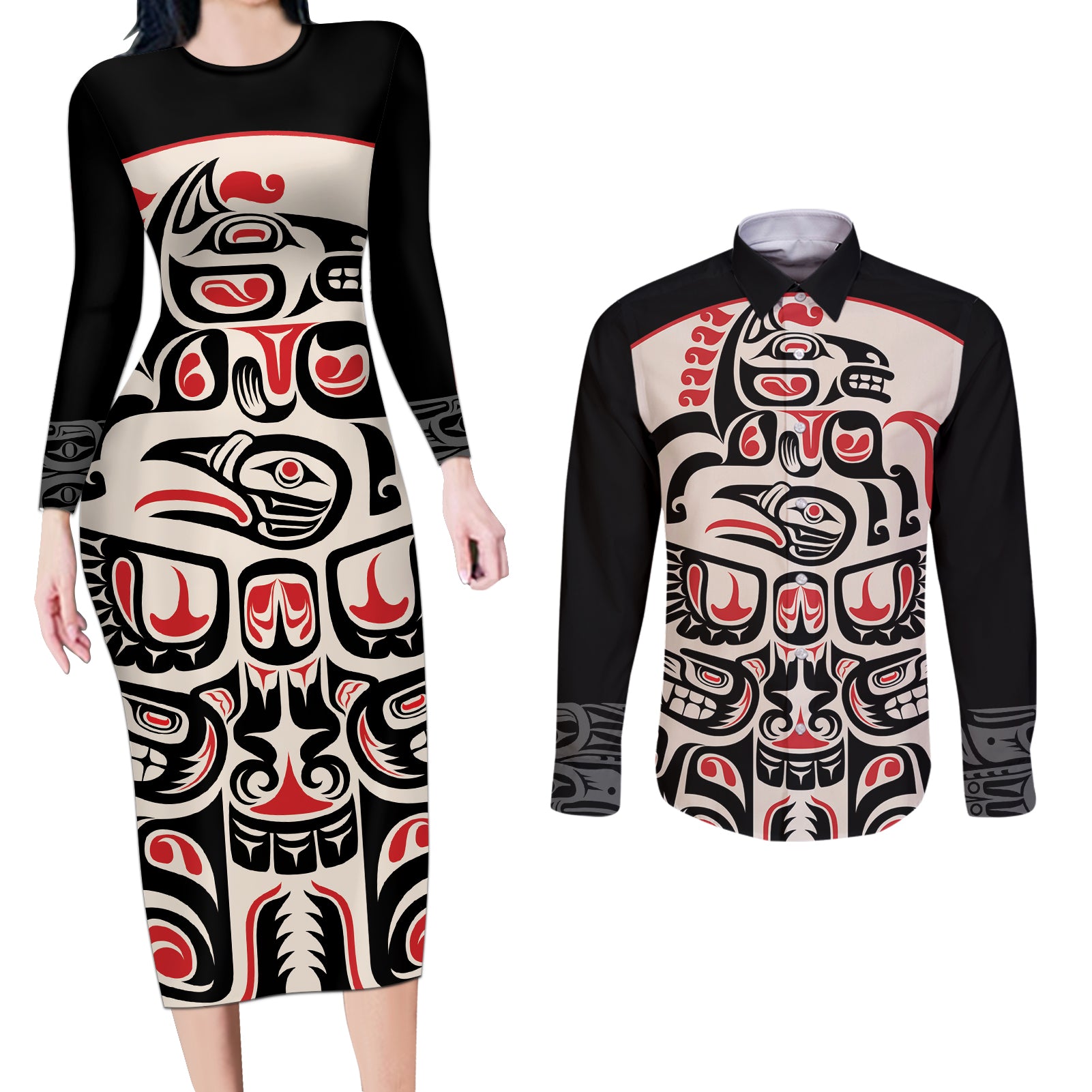 Personalized Canada Indigenous Haida Art Couples Matching Long Sleeve Bodycon Dress and Long Sleeve Button Shirt LT9 - Wonder Print Shop