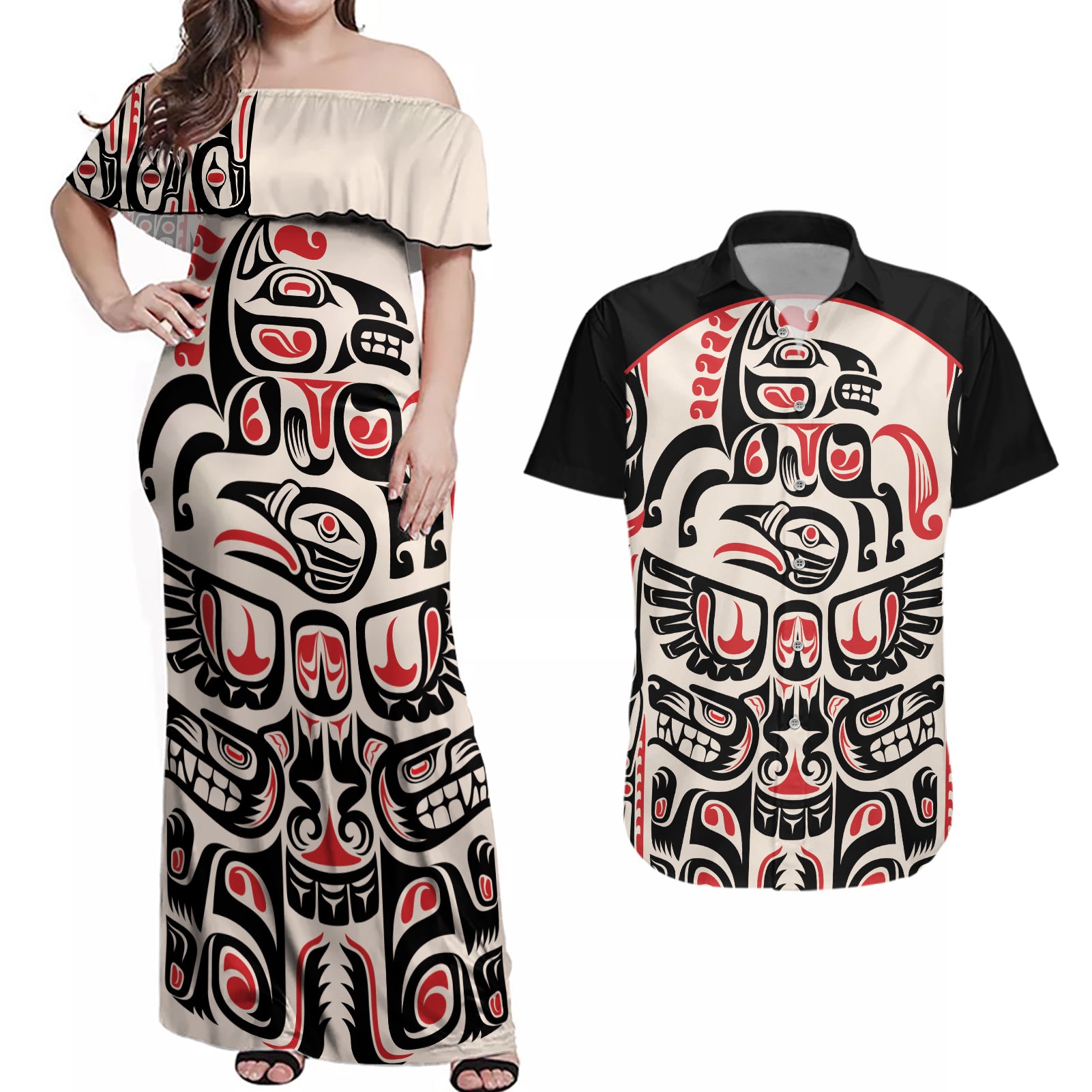 Personalized Canada Indigenous Haida Art Couples Matching Off Shoulder Maxi Dress and Hawaiian Shirt LT9 - Wonder Print Shop