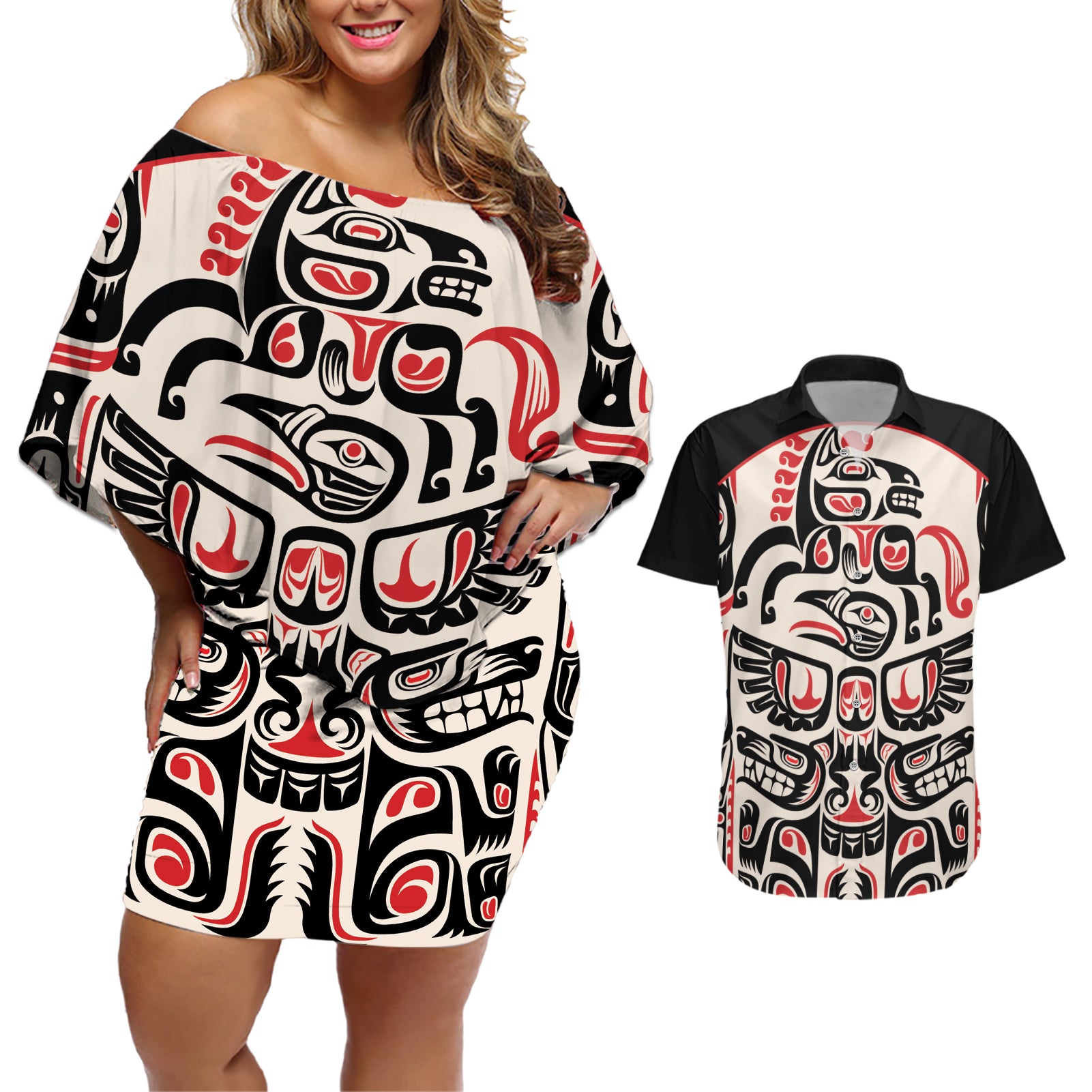 Personalized Canada Indigenous Haida Art Couples Matching Off Shoulder Short Dress and Hawaiian Shirt LT9 - Wonder Print Shop